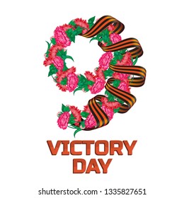 May 9 Victory Day russian national holiday greeting card or banner with ribbon of Saint George and number nine consisting of red carnation flowers vector illustration isolated on white background