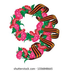 May 9 Victory Day russian national holiday greeting card or banner with ribbon of Saint George and number nine consisting of red carnation flowers vector illustration isolated on white background