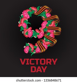 May 9 Victory Day russian national holiday greeting card or banner with ribbon of Saint George and number nine consisting of red carnation flowers vector illustration isolated on black background