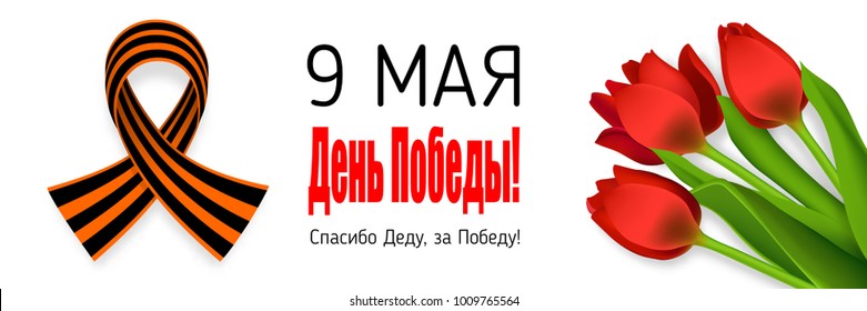 May 9, Victory Day. Thank you grandpa for victory. Great war winner. Vector realistic tulips illustration. Isolated white background. Saint George striped ribbon. Greeting card veteran memory.