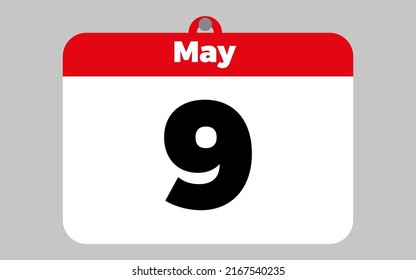 9 de mayo. Calendario blanco y rojo.