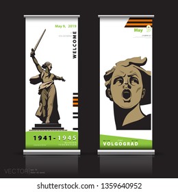 9 de mayo. Presentación de negocios. Afiche de la escultura de la Patria llama. Diseño publicitario de banner vertical. Gran Guerra Patriótica. Ilustración vectorial. Símbolo de Volgogrado. Volante de banner X de plantilla