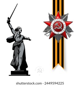 May 9th. Happy Victory Day! Order of the Patriotic War silver star, St. George's ribbon. Translation of Russian inscriptions: Battle of Stalingrad, Sculpture, motherland is calling.Vector illustration