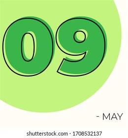May 9th Modern calendar isolated on white background. Vector illustration. Green colors 