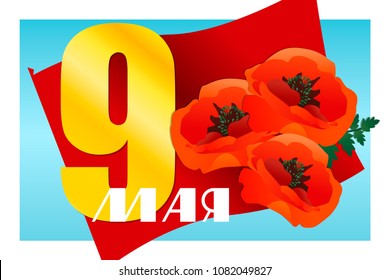 "May, 9th", template for greeting card. Russian day of the Great Victory. Patriotic vector image with red flag and red poppy flowers.