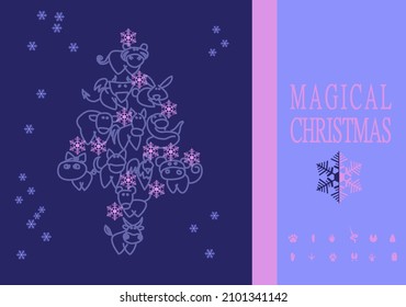 May all wishes come true. New year holiday card with a tree made of animal symbols of the eastern calendar