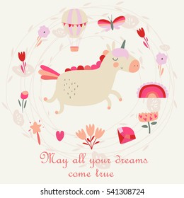 'May all your dreams come true' poster with cute pink unicorn in cartoon style