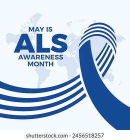 May is ALS Awareness Month poster vector illustration. White and blue pinstripes awareness ribbon icon. Amyotrophic lateral sclerosis symbol. Template for background, banner, card. Important day