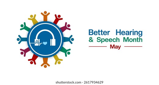 May Is Better Hearing and Speech Month. People, headphone and heart. Suitable for posters, banners, social media and more. White background. 