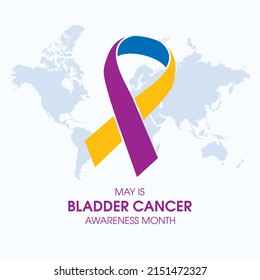 May Is Bladder Cancer Awareness Month Vector. Yellow, Purple And Blue Cancer Awareness Ribbon And World Map Icon Vector. Important Day