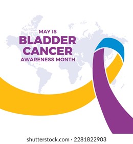 May is Bladder Cancer Awareness Month vector illustration. Yellow, purple and blue cancer awareness ribbon and world map icon vector. Important day