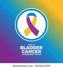 May is Bladder Cancer Awareness Month poster vector illustration. Yellow, purple and blue cancer awareness ribbon icon in a circle. Template for background, banner, card. Important day