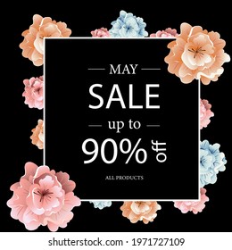 May breakup. Up to 90% discount on all products. Black background Banner. Flowers are multicolored. Card. Plants. Flowers. Vector. Illustration.Sold out.