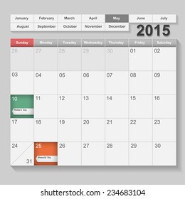 Calendário de maio 2015, semana começa ao domingo com evento de férias