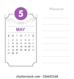 May Calendar 2016 Vector Design Template. Week Starts Sunday. Event Calendar. place for notes and special text. vector illustration