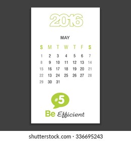 May Calendar 2016 Vector Design Template. Week Starts Sunday. vector illustration