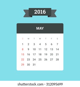 May Calendar 2016. Vector flat design template, ready to print