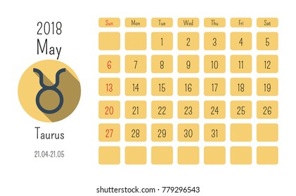 May calendar 2018 with horoscope signs zodiac symbols, flat colored template.