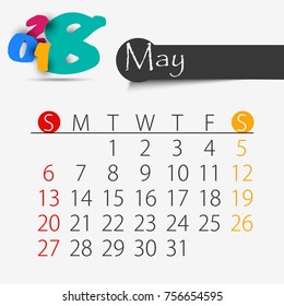 May: Calendar for 2018 year, editable template poster and calendar design, vector illustration...