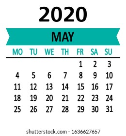 May. Calendar 2020. Third page of set. Weeks from Monday. Vector illustration
