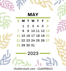 May. Calendar 2023. Leaves. Vector leaf. Hand drawn repeating elements. Fashion design print. Natural background