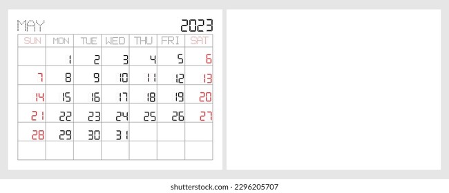 may calendar 2023 led digital dot metrix font. desktop calendar with blank back page. week start on sunday.