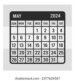 May Calendar, 2024 Calendar, Monthly Calendar, Vector Eps Cut Files