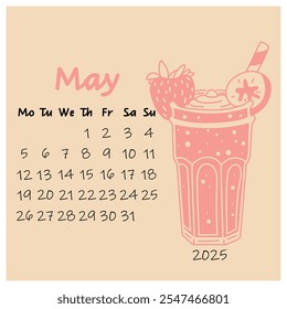 May calendar design for 2025 with a glass of pink Strawberry smoothie with banana. The spring month. A painted calendar planner in a minimalistic style, an annual organizer. Numbers for every day