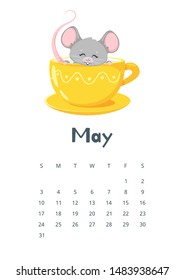 May calendar flat vector illustration. Children planner for spring 2020. Basic grid colorful design with mascot. Organizer template with text and numbers on white background. Cute mouse in teacup