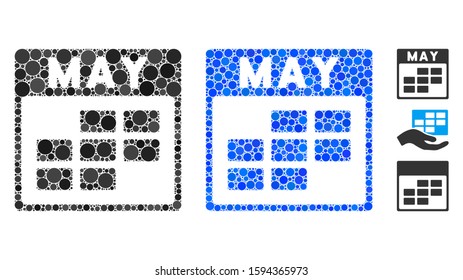 May calendar grid composition of small circles in different sizes and shades, based on May calendar grid icon. Vector small circles are combined into blue collage.