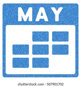 May Calendar Grid grainy textured icon for overlay watermark stamps. Flat symbol with unclean texture. Dotted vector cobalt ink rubber seal stamp with grunge design on a white background.