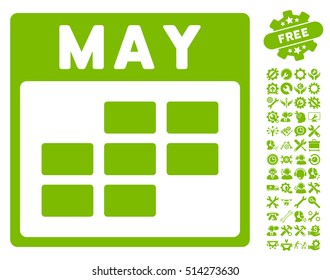 May Calendar Grid icon with bonus settings icon set. Vector illustration style is flat iconic symbols, eco green, white background.