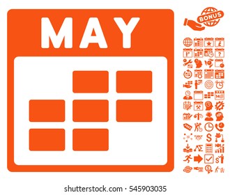 May Calendar Grid icon with bonus calendar and time management pictograms. Vector illustration style is flat iconic symbols, orange, white background.