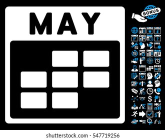May Calendar Grid icon with bonus calendar and time management graphic icons. Vector illustration style is flat iconic symbols, blue and white, black background.
