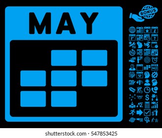 May Calendar Grid icon with bonus calendar and time management pictograph collection. Vector illustration style is flat iconic symbols, blue, black background.