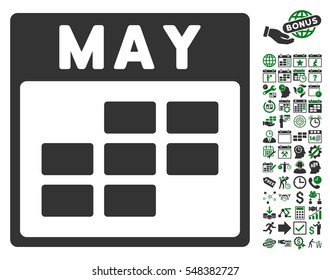 May Calendar Grid icon with bonus calendar and time management pictograms. Vector illustration style is flat iconic symbols, green and gray, white background.