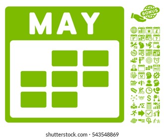 May Calendar Grid pictograph with bonus calendar and time management clip art. Vector illustration style is flat iconic symbols, eco green, white background.