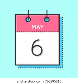 May Calendar Icon. Flat and thin line vector illustration. Spring calendar sheet on light blue background. May 6th.