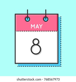 May Calendar Icon. Flat and thin line vector illustration. Spring calendar sheet on light blue background. May 8th. Happy Mother's Day