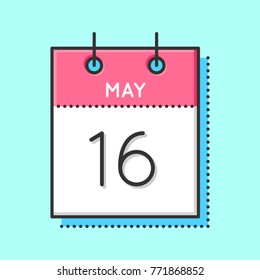 May Calendar Icon. Flat and thin line vector illustration. Spring calendar sheet on light blue background. May 16th.