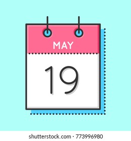 May Calendar Icon. Flat and thin line vector illustration. Spring calendar sheet on light blue background. May 19th.