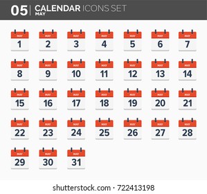 May. Calendar icons set. Date and time. 2018 year.
