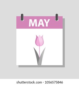 May calendar and month illustration with minimal modern style purple tulip. 
