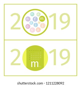 May Calendar Page Template 2019.  Design of months in form of circles in the middle of number 2019. Name of month is abbreviated with  increased first letter. EPS 10 Vector.
