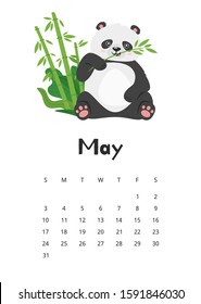 May calendar with panda template. Cute asian bear cartoon character. Funny oriental animal eating bamboo flat illustration. Childish planner page 2020 design with adorable wildlife