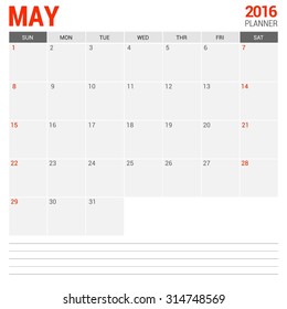 May Calendar Planner 2016 Vector Design Template. Week Starts Sunday. vector illustration