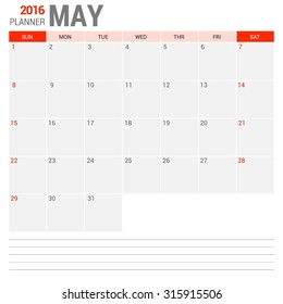 May Calendar Planner 2016 Vector Design Template. Week Starts Sunday. vector illustration