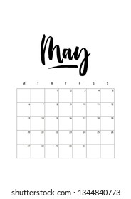 May. Calendar planner 2019, week starts on monday. Part of sets of 12 months. Wall desk calendar vector template print A4 size, simple black and white minimal design ink hand drawn lettering