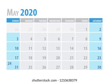 May. Calendar Planner 2020 in clean minimal table simple style. Vector illustration