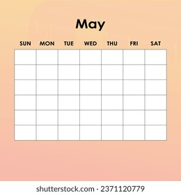 May. Calendar planner. Corporate week. Template layout, 12 months yearly, white background. Simple design for business brochure, flyer, print media, advertisement. Week starts from Monday.